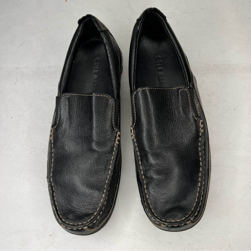 Cole Haan black leather tan stitching slip on loafer